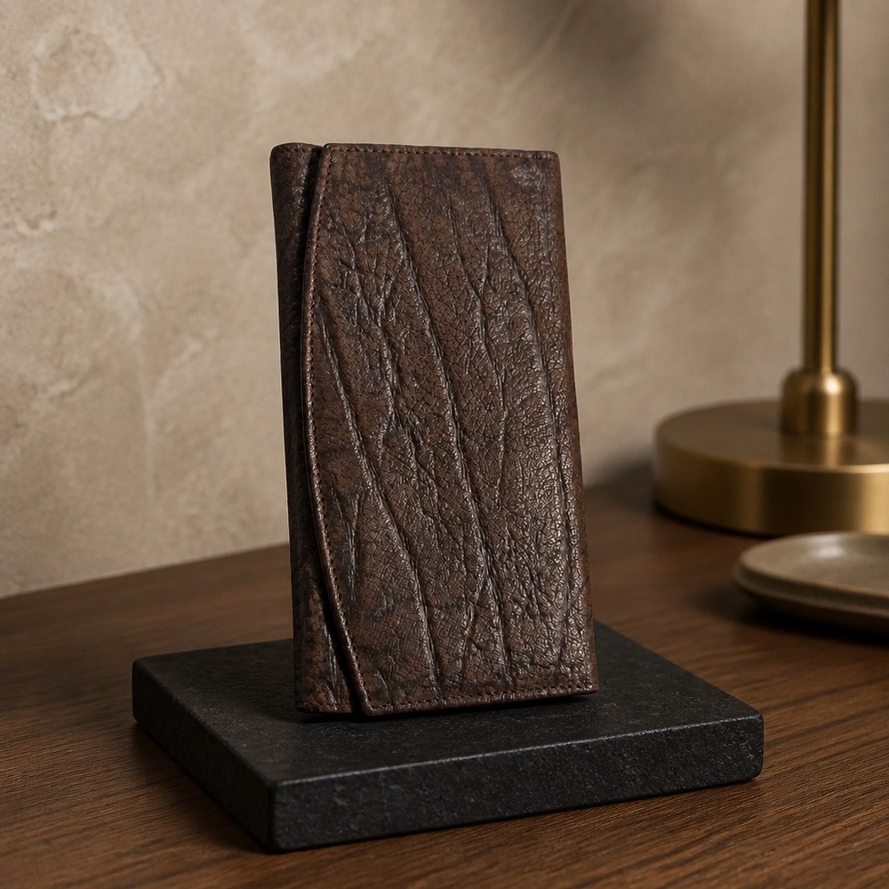 Busby Genuine African Buffalo Leather Trifold Wallet Brown Kiss Lock Clutch